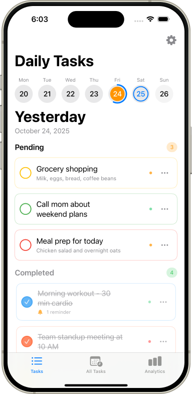 Daily task list interface showing focused task management
