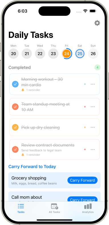Task carry forward interface showing effortless transition of yesterday's tasks to today
