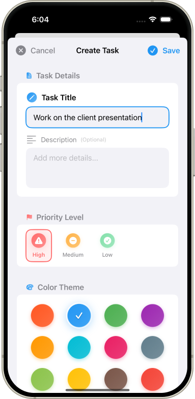 Quick task creation interface with priority levels and color coding options