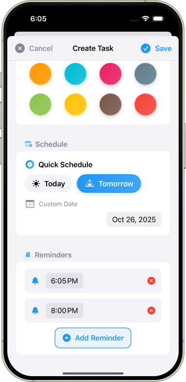 Task scheduling interface with date picker and smart reminder options